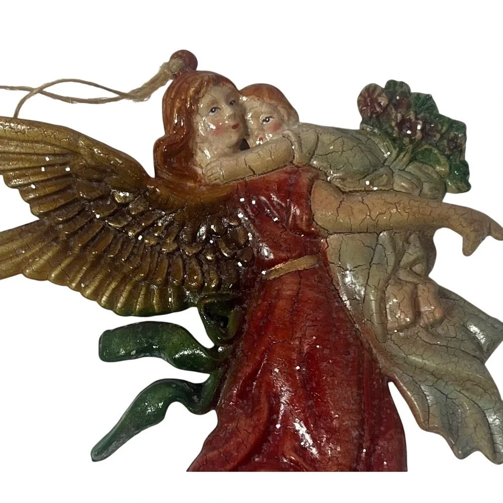 VTG Raised Flying Christmas Shimmering Gold Wing Angel Ornament Holding A Baby